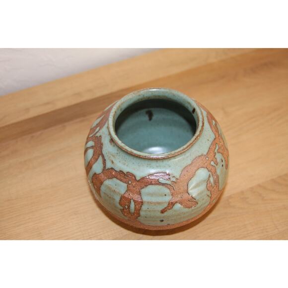 Small Vintage Studio Pottery Stoneware Glazed Pot Unsigned Turquoise Green Brown - Picture 4 of 5